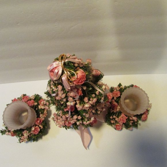 vtg Victorian Christmas ornaments with pink rose Xmas tree with 2 candle holder - Picture 8 of 9